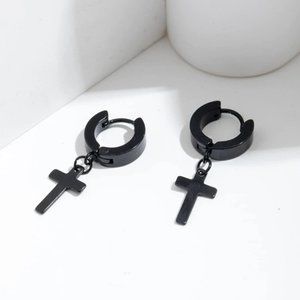 Stainless Steel Cross Drop Dangle Hoop Earrings Black Men Women NWT
